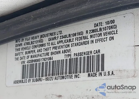 2001 Subaru Outback H6-3.0 z USA, uszkodzony, nr VIN 4S3BH806517631064